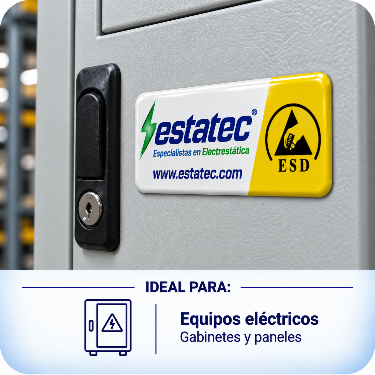 Etiqueta con gota de resina en gabinete eléctrico