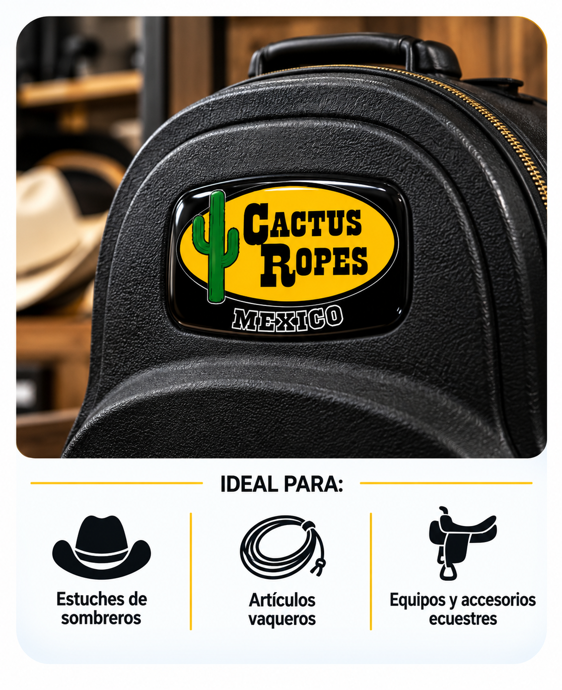 Etiqueta con gota de resina en estuche para sombrero